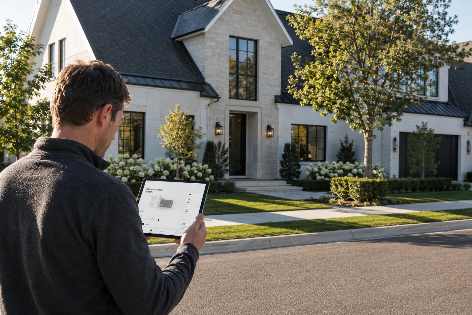 Contractor reviewing a project on a tablet outside a home